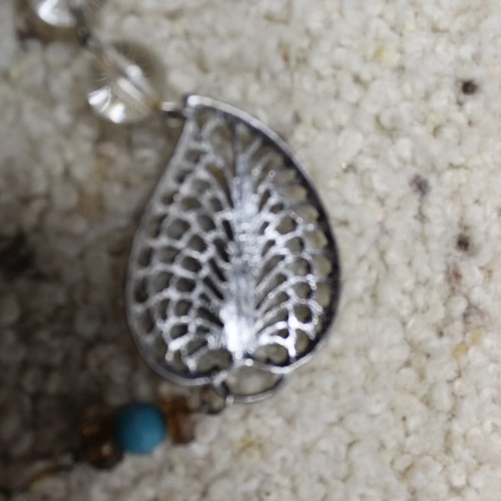 Long Station Necklace Filigree Leaf Turquoise Bead Silver Tone 34 Inch Boho OS